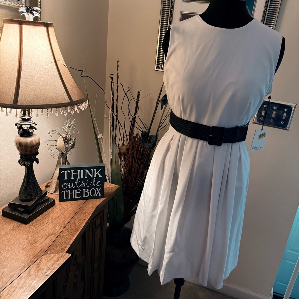 Calvin Klein White Sleeveless Pleated Midi Dress with Black Belt - Picture 9 of 15